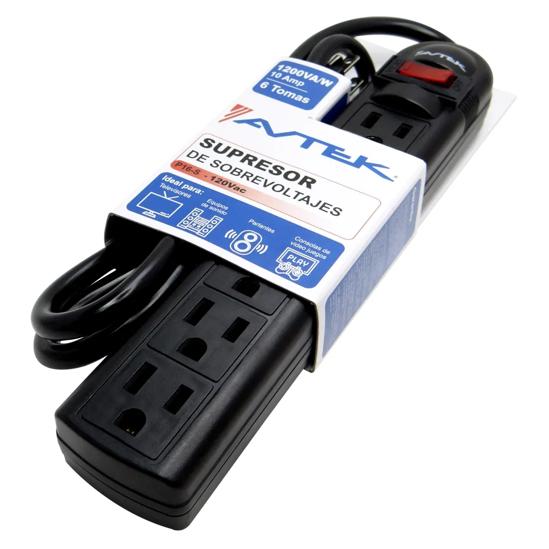 REGLETA AVTEK P16-S SUPRESORA PICOS 1200W 6 TOMAS 120V